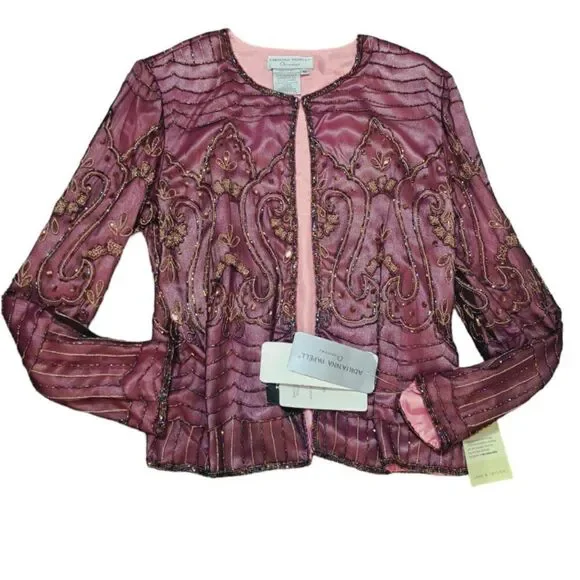 Adrianna Papell 3 Pc Set Silk Embellish Top Skirt Jacket Wedding Party Plum Sz10